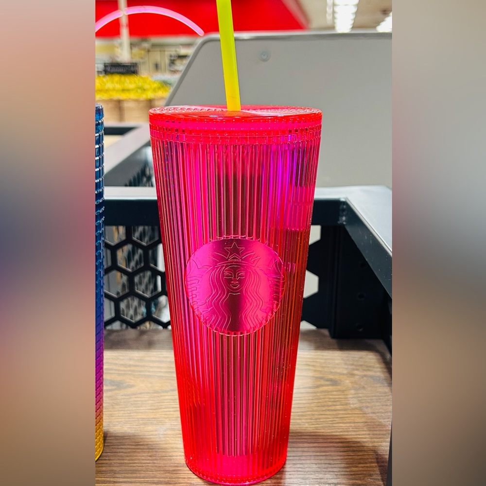 Starbucks Pink Pleated Cup Magenta Iridescent Bling Tumbler 24oz Venti New 2023